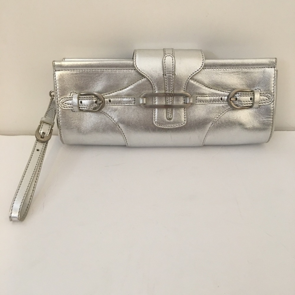 Jimmy Choo Silver Leather Zip Wristlet Clutch